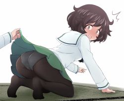 Rule 34 | 1girl, ^^^, akiyama yukari, arm support, ass, black pantyhose, blouse, blush, brown eyes, brown hair, clothes lift, commentary, constricted pupils, crotch seam, frown, full-face blush, girls und panzer, green skirt, hazuki haru, highres, kneeling, leaning forward, lifting another&#039;s clothes, long sleeves, looking at viewer, looking back, messy hair, miniskirt, no shoes, ooarai school uniform, open mouth, panties, panties under pantyhose, pantyhose, pleated skirt, school uniform, serafuku, shirt, short hair, skirt, skirt lift, solo focus, tatami, underwear, white background, white shirt
