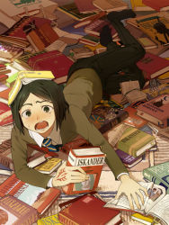 Rule 34 | 1boy, black hair, blush, bob cut, book, book on head, command spell, dotaku, fate/stay night, fate/zero, fate (series), full body, green eyes, lying, male focus, object on head, open mouth, parted bangs, short hair, solo, sweat, too many, too many books, waver velvet