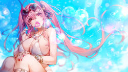 Rule 34 | 1girl, bikini, blue sky, bracelet, breasts, bubble, blowing bubbles, clam shell, cloud, destiny child, fingernails, grilla, hair ornament, heart, highres, horns, jewelry, large breasts, long fingernails, nail polish, necklace, open mouth, pink hair, red eyes, red nails, ring, sky, squatting, sunglasses, swimsuit, thighs, yurikayuri