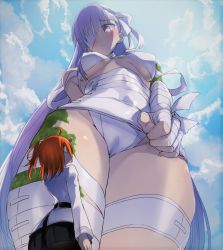 Rule 34 | 2girls, ahoge, bandage over one eye, bandaged arm, bandaged head, bandaged leg, bandages, belt, bikini, blue sky, blush, breasts, cameltoe, chaldea uniform, cloud, commentary request, cowboy shot, day, fate/grand order, fate (series), from below, fujimaru ritsuka (female), giant, giantess, groin, hair ornament, hair scrunchie, kingprotea (fate), large breasts, long hair, long sleeves, looking at viewer, looking down, moss, multiple girls, one eye covered, orange hair, outdoors, pantyhose, pink eyes, pleated skirt, purple hair, ricochet-gou, scrunchie, shirt, side ponytail, skirt, sky, standing, sunlight, swimsuit, tearing up, tears, underboob, very long hair, white bikini