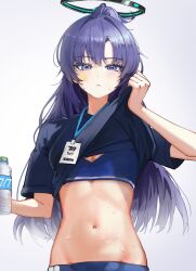 Rule 34 | 1girl, absurdres, black shirt, blue archive, blue buruma, blue sports bra, blush, bottle, breasts, buruma, closed mouth, facial mark, halo, highres, holding, holding bottle, id card, kamu (stead06y), lanyard, long hair, looking at viewer, mechanical halo, medium breasts, navel, official alternate costume, official alternate hairstyle, ponytail, purple eyes, purple hair, shirt, short sleeves, simple background, solo, sports bra, star (symbol), water bottle, white background, yuuka (blue archive), yuuka (track) (blue archive)