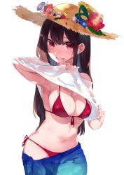 Rule 34 | 1girl, bikini, breasts, brown hair, cleavage, clothes lift, clothes pull, cowboy shot, curvy, flower, front-tie bikini top, front-tie top, grin, hair between eyes, hat, hat flower, highres, large breasts, long hair, looking at viewer, miwano rag, navel, original, parted lips, red bikini, red eyes, sarong, see-through, shirt, shirt lift, side-tie bikini bottom, simple background, skirt, skirt pull, smile, solo, straw hat, sun hat, sweat, swimsuit, teeth, white background, white shirt, wide hips