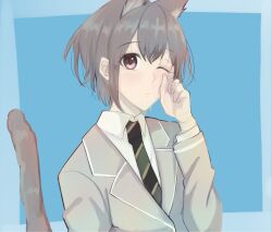 Rule 34 | 1girl, animal ears, bang dream!, bang dream! it&#039;s mygo!!!!!, blue background, cat ears, cat girl, cat tail, collared shirt, commentary request, green necktie, grey hair, grey jacket, hand up, haneoka school uniform, jacket, kemonomimi mode, long sleeves, looking at viewer, mikage ao, necktie, one eye closed, parted lips, red eyes, rubbing eyes, school uniform, shirt, short hair, solo, tail, takamatsu tomori, upper body, white shirt