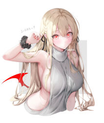 Rule 34 | 1girl, armpits, blonde hair, breasts, closed mouth, dot mouth, dress, large breasts, long hair, looking at viewer, nail polish, nails, non-web source, paid reward, pointy ears, red eyes, red nails, scrunchie, sencha (senchat), side slit, sideboob, sleeveless, sleeveless dress, solo, sweater, sweater dress, white background, white dress, wrist scrunchie