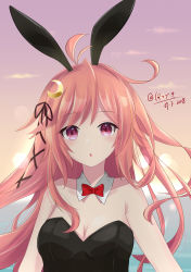 Rule 34 | 1girl, :o, absurdres, ahoge, alternate costume, animal ears, antenna hair, black leotard, blush, breasts, cleavage, cloud, crescent, crescent hair ornament, dated, detached collar, evening, fake animal ears, hair ornament, hair ribbon, hatsuzuki 527, highres, kantai collection, leotard, long hair, open mouth, outdoors, pink hair, playboy bunny, rabbit ears, rabbit hair ornament, red eyes, red hair, ribbon, sidelocks, small breasts, solo, sparkling eyes, twitter username, upper body, uzuki (kancolle)