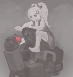 Rule 34 | 1girl, absurdres, anger vein, apple, bare shoulders, barefoot, blunt bangs, bow, fantasy, food, fruit, googerm, grey background, greyscale, hair bow, highres, holding, holding food, holding fruit, monochrome, original, parted lips, reaching, red eyes, robot, sitting, spot color, striped, striped bow, twintails