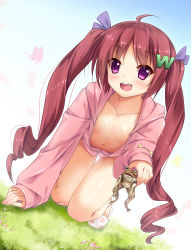 Rule 34 | 1girl, :d, ahoge, all fours, animal, bandaid, bandaid on knee, bandaid on leg, blush, borrowed character, brown hair, coat, downblouse, eyes visible through hair, fang, flat chest, frog, grass, hair ornament, hazuki watora, highres, holding, hood, hoodie, letter hair ornament, long hair, looking at viewer, naked coat, naked hoodie, navel, nironiro, no bra, open clothes, open mouth, original, purple eyes, red hair, sleeves past wrists, smile, solo, twintails