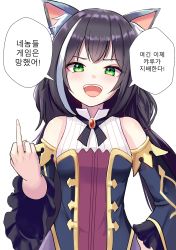 Rule 34 | 1girl, animal ear fluff, animal ears, bare shoulders, black hair, blush, brooch, cat ears, cat girl, detached sleeves, dress, evasong, green eyes, highres, jewelry, karyl (princess connect!), korean text, long hair, looking at viewer, low twintails, middle finger, multicolored hair, open mouth, princess connect!, simple background, sleeveless, sleeveless dress, smile, smug, solo, streaked hair, teeth, twintails, upper body, upper teeth only, white background, white hair, wide sleeves