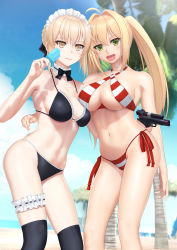 Rule 34 | 2girls, :d, ahoge, arm around waist, armpits, artoria pendragon (all), artoria pendragon (alter swimsuit rider) (fate), artoria pendragon (alter swimsuit rider) (second ascension) (fate), artoria pendragon (fate), asymmetrical docking, bare legs, bikini, black bikini, black bow, black bowtie, black legwear, blonde hair, blue sky, blurry, blush, bow, bowtie, breast press, breasts, bridal garter, commentary request, contrapposto, criss-cross halter, day, depth of field, fate/grand order, fate (series), food, frilled bikini, frilled bikini top, frills, from below, green eyes, gun, halterneck, highres, holding, holding food, holding gun, holding weapon, large breasts, long hair, looking at viewer, maid, maid bikini, maid headdress, multiple girls, navel, neck garter, nero claudius (fate), nero claudius (fate) (all), nero claudius (swimsuit caster) (fate), open mouth, outdoors, popsicle, red bikini, red ribbon, ribbon, saber alter, side-tie bikini bottom, skindentation, sky, smile, standing, stomach, striped bikini, striped clothes, swimsuit, tai (2vs), thighhighs, thighs, tsurime, twintails, unconventional maid, underboob, weapon, yellow eyes