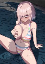 Rule 34 | 1boy, 1girl, absurdres, angry, bare shoulders, bikini, blush, breasts, cameltoe, cleavage, fate/grand order, fate (series), glasses, grabbing, grabbing another&#039;s breast, grabbing own breast, hair over one eye, highres, imminent rape, kawaruhi, large breasts, light purple hair, looking at viewer, mash kyrielight, navel, netorare, purple eyes, purple hair, pussy juice stain, shadow, short hair, sitting, spread legs, striped bikini, striped clothes, sweat, swimsuit