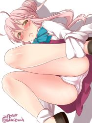 Rule 34 | 1girl, ahoge, blush, bow, bowtie, commentary request, dated, double bun, glasses, hair bun, halterneck, highres, kantai collection, long sleeves, lying, makigumo (kancolle), no legwear, one-hour drawing challenge, panties, pink hair, pink panties, school uniform, shirt, simple background, single hair bun, single side bun, sleeves past fingers, sleeves past wrists, solo, takase muh, tied sleeves, twintails, twitter username, underwear, white background, white shirt, yellow eyes