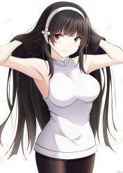 Rule 34 | 1girl, armpits, arms up, artist name, bare arms, bare shoulders, black hair, black pantyhose, brown eyes, cowboy shot, flower, girls&#039; frontline, hairband, hands in hair, highres, keenh, long hair, looking at viewer, pantyhose, shirt, simple background, sleeveless, sleeveless shirt, smile, solo, standing, thighband pantyhose, type 95 (girls&#039; frontline), white background, white flower, white shirt