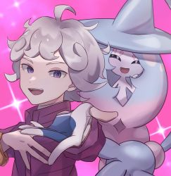 Rule 34 | 1boy, :d, ahoge, bede (pokemon), coat, commentary request, creatures (company), curly hair, eyelashes, game freak, gen 8 pokemon, gloves, grey hair, hatterene, highres, looking at viewer, male focus, nintendo, open mouth, partially fingerless gloves, pink background, pokemon, pokemon (creature), pokemon swsh, purple coat, purple eyes, short hair, single glove, sioinari 03, smile, teeth, tongue, upper teeth only, watch, wristwatch