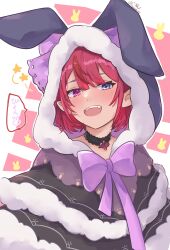Rule 34 | absurdres, animal ears, blue eyes, blush, commentary, fang, highres, hirasawa izumi, hololive, hololive english, hood, hood up, irys (hololive), open mouth, purple eyes, purple hair, purple ribbon, rabbit ears, red hair, ribbon, short hair, smug, speech bubble, star-shaped pupils, star (symbol), symbol-shaped pupils, teeth, translation request, upper body, upper teeth only, virtual youtuber, white background