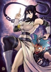 Rule 34 | 1boy, 1girl, anger vein, arm warmers, ass, ass grab, attack, black gloves, black hair, black star, blood, blood from mouth, blue eyes, blue hair, breasts, chain, chain weapon, cleavage, elbow gloves, fingerless gloves, fluff, gloves, highres, holding, holding weapon, injury, kusarigama, large breasts, nakatsukasa tsubaki, ninja, pervert, ponytail, punishment, sickle, single thighhigh, smile, solo, soul eater, spiked hair, star (symbol), striped, the golden smurf, thighhighs, weapon, wide hips