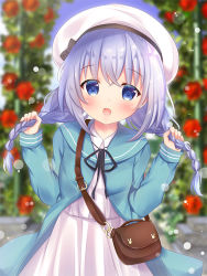 Rule 34 | 1girl, :d, bag, beret, black bow, black ribbon, blue eyes, blue hair, blue jacket, blurry, blurry background, bow, braid, collared dress, commentary request, depth of field, dress, flower, gochuumon wa usagi desu ka?, hair between eyes, hands up, hat, hat bow, holding, holding hair, jacket, kafuu chino, long hair, low twintails, neck ribbon, open clothes, open jacket, open mouth, red flower, red rose, ribbon, rikatan, rose, shoulder bag, smile, solo, twin braids, twintails, very long hair, white dress, white hat