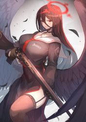 Rule 34 | 1girl, absurdres, black gloves, black hair, black serafuku, black skirt, black thighhighs, black wings, blue archive, bolt action, breasts, choker, commentary, feathered wings, feathers, garter straps, gloves, gun, halo, hasumi (blue archive), high-waist skirt, highres, holding, holding gun, holding weapon, huge filesize, large breasts, long hair, long sleeves, looking at viewer, m1917 enfield, ohako (ohako1818), red eyes, rifle, sailor collar, school uniform, serafuku, skirt, solo, standing, thighhighs, very long hair, weapon, white sailor collar, wings