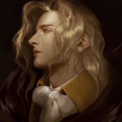 Rule 34 | 1boy, alucard (castlevania), amber goodhart, androgynous, ascot, black cape, blonde hair, brown background, cape, castlevania (series), closed mouth, collared jacket, dhampir, eyelashes, faux traditional media, half-human, highres, jacket, male focus, medium hair, parted hair, profile, shirt, solo, undead, vampire, wavy hair, white ascot, white shirt, yellow eyes