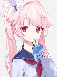 Rule 34 | 1girl, absurdres, blue archive, blue sailor collar, blush, drinking straw, drinking straw in mouth, grey background, halo, highres, holding, juice box, long hair, long sleeves, looking at viewer, natsu (blue archive), neckerchief, ponytail, red eyes, red neckerchief, sailor collar, school uniform, serafuku, side ponytail, sidelocks, signalviolet, simple background, solo, upper body