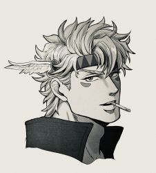 Rule 34 | 1boy, adam&#039;s apple, battle tendency, caesar anthonio zeppeli, catneylang, cigarette, commentary, cropped shoulders, english commentary, facial mark, greyscale, headband, jojo no kimyou na bouken, looking at viewer, male focus, monochrome, mouth hold, portrait, short hair, simple background, solo, teeth, triangle print, upper teeth only, wing hair ornament