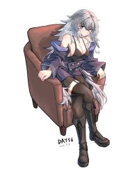 Rule 34 | 1girl, absurdres, alternate costume, arknights, armchair, bare shoulders, black footwear, black jacket, black tank top, black thighhighs, blue eyes, boots, breasts, chair, cleavage, commentary request, cross-laced footwear, crossed legs, dated, feathered wings, feathers, gaoling gangqin, garter straps, head wings, highres, jacket, knee boots, lace-up boots, long hair, looking at viewer, medium breasts, mulberry (arknights), simple background, sitting, solo, tank top, thighhighs, very long hair, white background, white feathers, white hair, white wings, wings