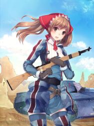 Rule 34 | 00s, 1girl, alicia melchiott, artist request, black gloves, brown eyes, brown hair, day, edelweiss (senjou no valkyria), gloves, gun, holding, holding gun, holding weapon, long hair, looking at viewer, matching hair/eyes, military, military uniform, military vehicle, motor vehicle, open mouth, outdoors, rifle, senjou no valkyria, senjou no valkyria (series), senjou no valkyria 1, sky, solo, tank, twintails, uniform, watermark, weapon