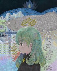 Rule 34 | 1girl, abstract, abstract background, ame sagari, black sweater, blue eyes, commentary request, cross brooch, eyelashes, fish, from side, green hair, highres, long hair, looking ahead, original, seaweed, solo, sweater, turtleneck, turtleneck sweater, upper body