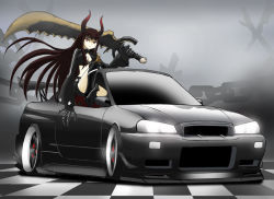 Rule 34 | 10s, 1girl, akiran (r32), black gold saw, black rock shooter, brown hair, car, chain, claws, king saw, motor vehicle, nissan, nissan skyline, nissan skyline r34, red eyes, solo, sword, vehicle, vehicle focus, weapon