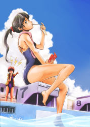 Rule 34 | 2girls, black eyes, black hair, brown hair, cloud, day, food, from below, from side, highres, holding, legs, lifeguard, long hair, multiple girls, naruse, one-piece swimsuit, original, outdoors, outstretched arm, pocky, ponytail, pool, poolside, short hair, sitting, sky, soaking feet, swimsuit, towel, towel around neck, water