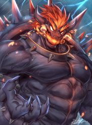 Rule 34 | 1boy, abs, armlet, artist name, bara, bowser, bracelet, breath weapon, breathing fire, claws, collar, commentary, demon boy, electricity, fire, furry, furry male, fury bowser, glowing, glowing eyes, highres, horns, jewelry, kaijuu, lightning, looking at viewer, male focus, mario (series), medium hair, muscular, muscular male, nintendo, open mouth, outdoors, rabbity art, rain, red hair, sharp teeth, solo, spiked armlet, spiked bracelet, spiked collar, spiked shell, spikes, storm, super mario 3d world, teeth, thunder