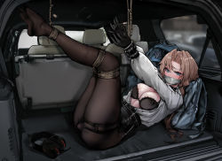 Rule 34 | 1girl, absurdres, arms up, azur lane, backpack, bag, bdsm, belt, black bra, black choker, black gloves, black pantyhose, black skirt, blue eyes, blush, bondage, bound, bound legs, bound wrists, bra, breasts, brown hair, buttons, car, car interior, choker, cleavage, commission, dildo, drooling, female focus, full body, gag, gagged, gdhs, gloves, hair intakes, half-closed eyes, headphones, highres, improvised gag, kronshtadt (azur lane), kronshtadt (begin the rush!) (azur lane), legs, legs together, legs up, long hair, long sleeves, looking at viewer, lying, medium breasts, miniskirt, motor vehicle, nose blush, object insertion, on back, open clothes, open mouth, open shirt, outstretched arms, own hands together, pantyhose, pencil skirt, ponytail, rope, saliva, second-party source, sex toy, shiny skin, shirt, shirt tucked in, side slit, sidelocks, skindentation, skirt, solo, tape, tape gag, thigh strap, thighs, underwear, vaginal, vaginal object insertion, vibrator, vibrator under clothes, white shirt