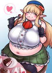 Rule 34 | 1girl, :q, black gloves, black outline, blonde hair, blue headwear, blush, breasts, buttons, cake, clenched hand, closed eyes, closed mouth, commentary request, commission, darui hito, dot nose, eating, fat, food, food on face, fork, fruit, gloves, gradient background, green skirt, heart, holding, holding fork, huge breasts, large breasts, long hair, marureenu (pierre lehavre), navel, original, outline, plate, pleated skirt, pointy ears, sidelocks, simple background, sitting, skeb commission, skirt, smile, solo, speech bubble, spoken heart, strawberry, strawberry shortcake, thighhighs, tongue, tongue out, wing collar