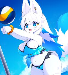 Rule 34 | 1girl, :d, absurdres, ahoge, android, animal ears, ball, bikini, blue eyes, blue hair, blue sky, blush, body fur, bracelet, breasts, bright pupils, cowboy shot, day, dev voxy, earrings, female focus, fox ears, fox girl, fox tail, furry, furry female, hair ornament, hairclip, highres, jewelry, large breasts, long hair, multicolored hair, navel, ocean, open mouth, original, outdoors, playing sports, plump, sky, smile, solo, swimsuit, tail, thick thighs, thighs, two-tone hair, volleyball, volleyball (object), wet, white fur, white hair, white pupils