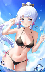 Rule 34 | 1girl, absurdres, armpits, ayaka (genshin impact), bare arms, bare shoulders, bikini, black bikini, blue eyes, bow, breasts, cup, day, drinking glass, educk, front-tie bikini top, front-tie top, genshin impact, hair bow, hair ribbon, halterneck, hands up, highres, holding, long hair, looking at viewer, medium breasts, mole, mole under eye, navel, outdoors, ponytail, ribbon, side-tie bikini bottom, smile, solo, stomach, string bikini, swimsuit, thighs, tress ribbon, wading, water, wet, white hair, wine glass