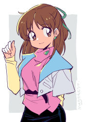Rule 34 | 1girl, anice farm, belt, breasts, brown eyes, brown hair, chouon senshi borgman, commentary request, earrings, hair ornament, half updo, jewelry, long sleeves, looking at viewer, mago, medium breasts, medium hair, pencil skirt, ponytail, simple background, sketch, skirt, smile, solo, turtleneck, vest