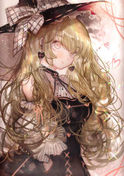 Rule 34 | 1girl, bare shoulders, black dress, black hat, blonde hair, blush, bow, closed mouth, commentary request, detached sleeves, dress, earrings, frilled sleeves, frills, hair between eyes, hair ribbon, hat, hat bow, hat ribbon, heart, heart earrings, highres, jewelry, kirisame marisa, long hair, long sleeves, majamari, orange ribbon, pink eyes, plaid, plaid bow, puffy sleeves, ribbon, ribbon-trimmed headwear, ribbon trim, smile, solo, sparkle, touhou, very long hair, white bow, witch hat