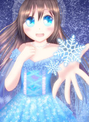 Rule 34 | 1girl, aqua eyes, artist name, artist request, bare shoulders, blue dress, blue eyes, blue skirt, blush, breasts, brown hair, clenched hand, close-up, collarbone, dress, female focus, hair between eyes, highres, jewelry, long hair, looking at viewer, love live!, love live! nijigasaki high school idol club, miniskirt, necklace, night, night sky, osaka shizuku, parted lips, pearl necklace, plaid, plaid dress, plaid skirt, pleated, pleated dress, pleated skirt, ponytail, skirt, sky, sleeveless, sleeveless dress, small breasts, smile, snowflakes, solo