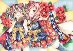 Rule 34 | 2girls, :d, \m/, black bow, black hair, blush, bow, camellia, commentary request, floral print, flower, flower knot, fur collar, hair bow, hair flower, hair ornament, holding hands, japanese clothes, kimono, long sleeves, looking at viewer, love live!, love live! school idol festival, love live! school idol project, marker (medium), multiple girls, mutou (arigatou banira), nishikino maki, open mouth, pink flower, print skirt, purple eyes, red bow, red eyes, red flower, red hair, ribbon, sash, skirt, smile, sunburst, tassel, traditional media, twintails, twitter username, wide sleeves, yazawa nico, yellow ribbon
