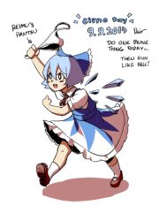 Rule 34 | 1girl, animated, animated gif, arm up, arrow (symbol), artist name, blue bow, blue dress, blue hair, blush stickers, bow, breasts, brown footwear, cirno, clenched hands, commentary, dated, dress, english commentary, english text, full body, hair bow, hair ornament, holding, holding clothes, holding panties, holding underwear, ice, ice wings, kneehighs, loafers, neck ribbon, nsio, open mouth, panties, petticoat, pinafore dress, puffy short sleeves, puffy sleeves, red ribbon, ribbon, romaji text, running, shadow, shirt, shoes, short hair, short sleeves, signature, simple background, sleeveless dress, small breasts, socks, solo, touhou, underwear, v-shaped eyebrows, white background, white eyes, white panties, white shirt, white socks, wing collar, wings
