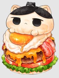 :&lt; bacon burger cheese food fried_egg grey_background highres lettuce mapa_(wqgrkt_krbko) mewo no_humans omori omori_(omori) simple_background tomato unfinished