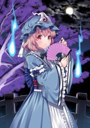Rule 34 | 1girl, belt, black bow, black bowtie, black sky, blue belt, blue bow, blue dress, blue hat, blue kimono, blush, bow, bowtie, bridge, cloud, cloudy sky, collar, collared dress, dark clouds, dress, frills, ghost, hair between eyes, hand fan, hands up, hat, japanese clothes, kapuchii, kimono, long sleeves, looking at viewer, mob cap, moon, night, night sky, open mouth, pink eyes, pink hair, red eyes, saigyouji yuyuko, short hair, sky, solo, touhou, tree, triangular headpiece, wide sleeves