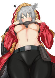 Rule 34 | 1girl, ?, absurdres, animal ears, arknights, black pants, black shirt, breasts, bush, clothes in mouth, clothes lift, cowboy shot, fur-trimmed hood, fur trim, grey hair, hair between eyes, hands up, highres, hood, hooded jacket, jacket, large breasts, lifted by self, long hair, long sleeves, looking at viewer, mouth hold, nabeyasai, open clothes, open jacket, pants, projekt red (arknights), red jacket, shirt, shirt in mouth, shirt lift, simple background, solo, stomach, tail, thigh gap, thighs, underboob, upshirt, white background, wolf ears, wolf girl, wolf tail, yellow eyes