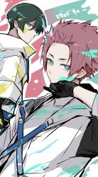 Rule 34 | 2boys, black gloves, black hair, blue eyes, blue lock, brothers, closed mouth, gloves, hand up, highres, itoshi rin, itoshi sae, jacket, looking at viewer, male focus, multiple boys, paint, paint splatter, paint splatter on face, red hair, short hair, siblings, sketch, torichiribs, upper body, white jacket