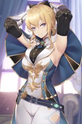 Rule 34 | 1girl, armpits, arms behind head, arms up, belt, blonde hair, blue capelet, bow, capelet, closed mouth, cross, frills, genshin impact, hair between eyes, hair bow, highres, jean (genshin impact), jean (gunnhildr&#039;s legacy) (genshin impact), long hair, looking at viewer, nasaniliu, purple eyes, smile, solo