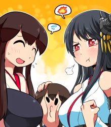 Rule 34 | 10s, 3girls, akagi (kancolle), bare shoulders, between breasts, black hair, blush, breasts, brown eyes, brown hair, fubuki (kancolle), fusou (kancolle), girl sandwich, hair ornament, japanese clothes, kantai collection, long hair, multiple girls, muneate, nontraditional miko, open mouth, pout, rariatto (ganguri), red eyes, sandwiched, smile, tears