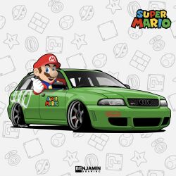 Rule 34 | 1boy, ? block, artist name, audi, audi rs4, benjamin (user scjv3278), blue eyes, blue overalls, brick block, brown hair, car, coin, facial hair, fire flower, gloves, hat, highres, logo, male focus, mario, mario (series), motor vehicle, mustache, nintendo, open mouth, overalls, red hat, red shirt, shell, shirt, smile, solo, stance (vehicle), super mushroom, super star (mario), thumbs up, vehicle focus, white gloves, yoshi egg