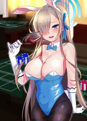 Rule 34 | 1girl, alternate eye color, animal ears, arm at side, arm behind back, asuna (blue archive), asuna (bunny) (blue archive), bare shoulders, between breasts, black pantyhose, blonde hair, blue archive, blue bow, blue bowtie, blue leotard, blue ribbon, blurry, blurry background, bow, bowtie, breasts, brown hair, casino, chaum, chips (food), cleavage, collarbone, commentary request, covered navel, detached collar, dot nose, fake animal ears, food, forehead, gloves, hair ornament, hair over one eye, hair ribbon, halo, highres, holding, indoors, large breasts, leotard, long hair, mole, mole on breast, official alternate costume, open mouth, pantyhose, parted bangs, playboy bunny, poker chip, ribbon, shadow, solo, spill, strapless, strapless leotard, teeth, upper teeth only, very long hair, white gloves