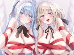 Rule 34 | 2girls, :d, all fours, black bow, black bowtie, blonde hair, blue eyes, blue hair, blurry, blurry background, blush, bow, bowtie, breasts, covered erect nipples, depth of field, detached collar, from below, hair between eyes, hair ribbon, highres, huge breasts, indoors, light areolae, long hair, looking at viewer, low twintails, maid, maid headdress, multiple girls, naked ribbon, navy (navy.blue), neck ribbon, open mouth, original, purple eyes, red ribbon, ribbon, sidelocks, smile, take your pick, teeth, tongue, twintails, upper teeth only