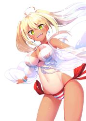 Rule 34 | 1girl, ahoge, artist request, bikini, blonde hair, breasts, cleavage, dark-skinned female, dark skin, earrings, eyebrows, fate/grand order, fate (series), highres, jewelry, looking at viewer, nero claudius (fate), nero claudius (fate) (all), nero claudius (swimsuit caster) (fate), nero claudius (swimsuit caster) (third ascension) (fate), non-web source, open mouth, smile, swimsuit, tan, transparent background, twintails, white background, yellow eyes