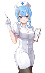 Rule 34 | 1girl, black pantyhose, blue eyes, blue hair, blush, breasts, clipboard, collared dress, dress, gloves, hat, highres, hiiragi melt, holding, holding clipboard, hololive, hoshimachi suisei, looking at viewer, medium hair, nurse, nurse cap, pantyhose, small breasts, smile, solo, star (symbol), star in eye, symbol in eye, virtual youtuber, white background, white dress, white gloves, white hat